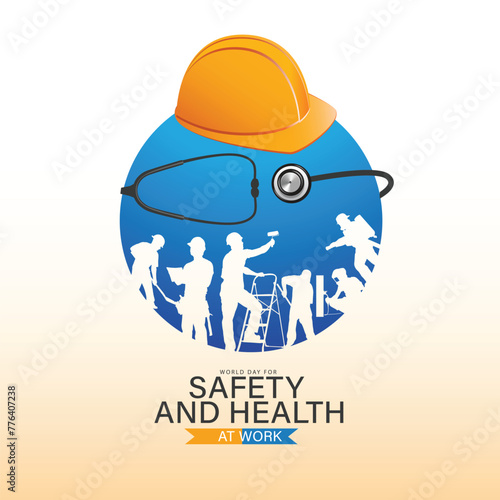 World Day for Safety and Health at Work. Construction helmet earth and stethoscope for safe and healthy work day, work safety awareness template for banner, card, background, safety and health sign
