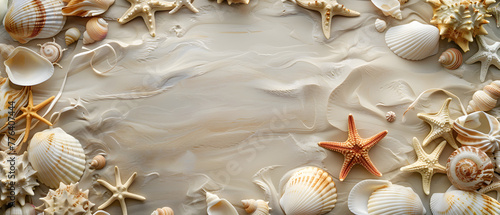 A beach scene with a large starfish and many small shells. The shells are scattered around the starfish, creating a sense of movement and life. The scene evokes a feeling of relaxation and tranquility