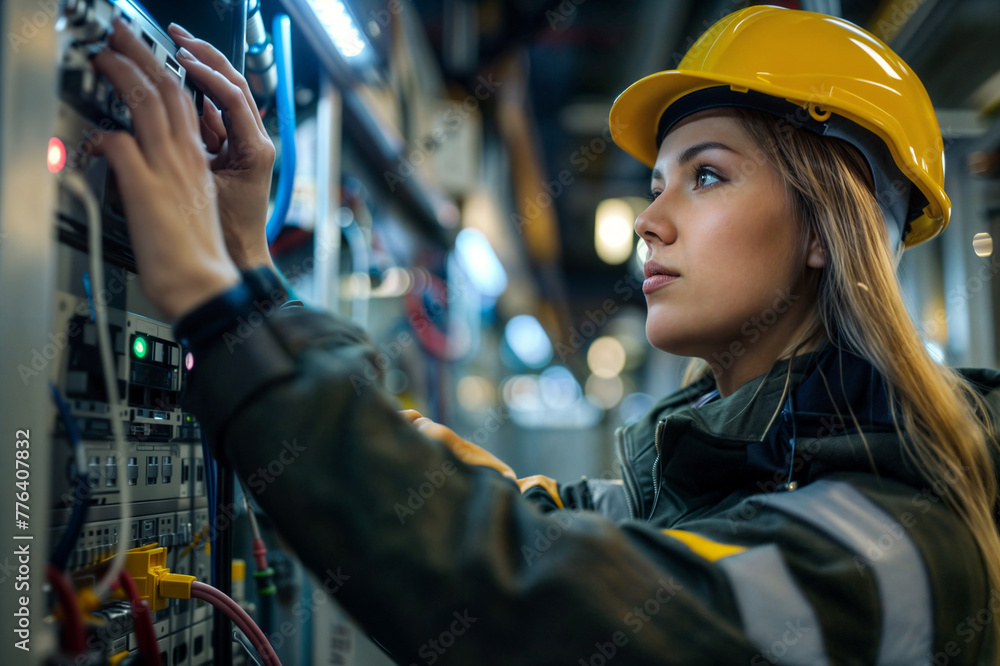 Female electrician inspecting equipment Female electrician inspecting equipment