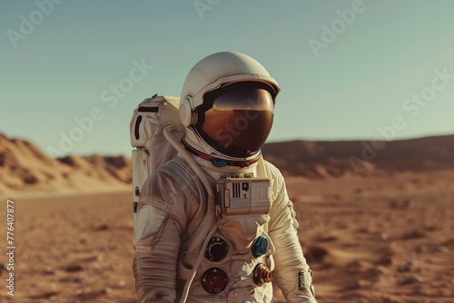  Spaceman in helmet and space suit exploring Mars or a desertic distant planet. Generative AI. photo