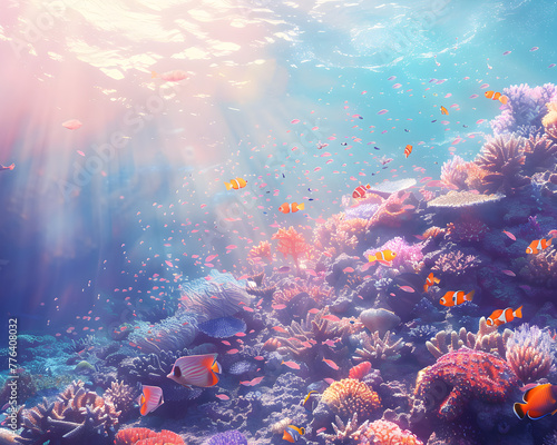 A colorful coral reef with many fish swimming around. The sunlight is shining on the water, creating a beautiful and peaceful scene