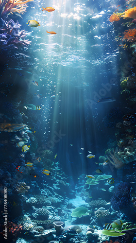 A long blue ocean with many fish swimming in it. The fish are of different colors and sizes. The sunlight is shining through the water, creating a beautiful and peaceful scene