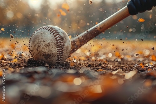 An action-packed close-up of a baseball and bat on the infield dirt, capturing the dynamic moment of play with particles of dust in motion photo
