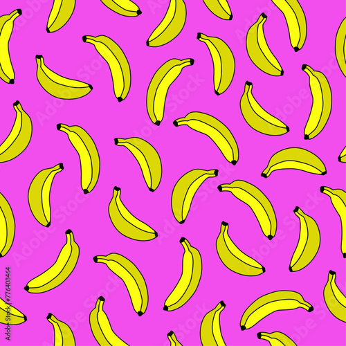 Exotic seamless banana pattern on pink background. Pop art illustration for fabric, paper, banner, wallpaper and textile