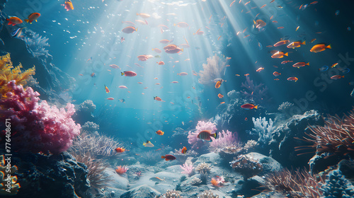 A colorful underwater scene with many fish swimming around. The fish are in various colors, including pink, orange, and yellow. The scene is bright and lively