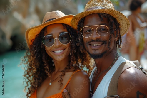 A stylish couple with hats and sunglasses smiles at the camera in an exotic tropical environment