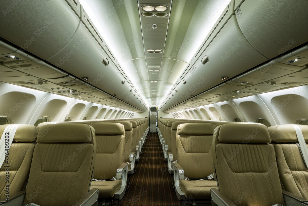 Empty airplane interior with rows of beige seats, aisle view towards the back of the cabin, illuminated by overhead lights. Empty airplane interior with rows of beige seats, aisle view towards the back of the cabin, illuminated by overhead lights.