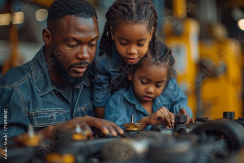 A man guides his two young daughters in tool use while working on machine parts in a workshop