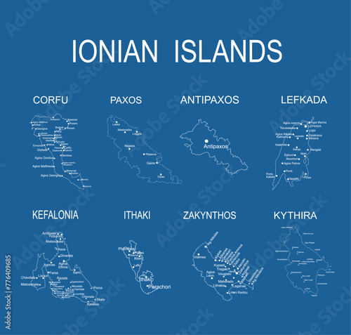 Ionian islands set vector silhouette illustration isolated. Corfu map Paxos, Antipaxos, Lefkada map, Kefalonia card, Ithaki contour, Zakynthos line map, Kythira shape. Greek territory, paradise Greece photo