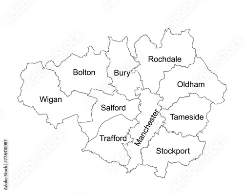 Vector silhouette illustration Greater Manchester map line contour, North West England isolated. United Kingdom British territory. Administrative division Great Manchester territory. Infographic map.