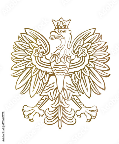 Gold Poland coat of arms, seal national emblem, isolated on white background. Vector illustration Coat of arms of Poland. Polish flag. Spread wings eagle silhouette shape shadow Poland national symbol