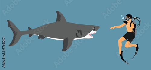 Diver man outside diving cage observing great white shark vector illustration isolated. Swimming boy biology research. Explorer against shark. Scary scene marine wildlife. Help ocean beach swimmers.