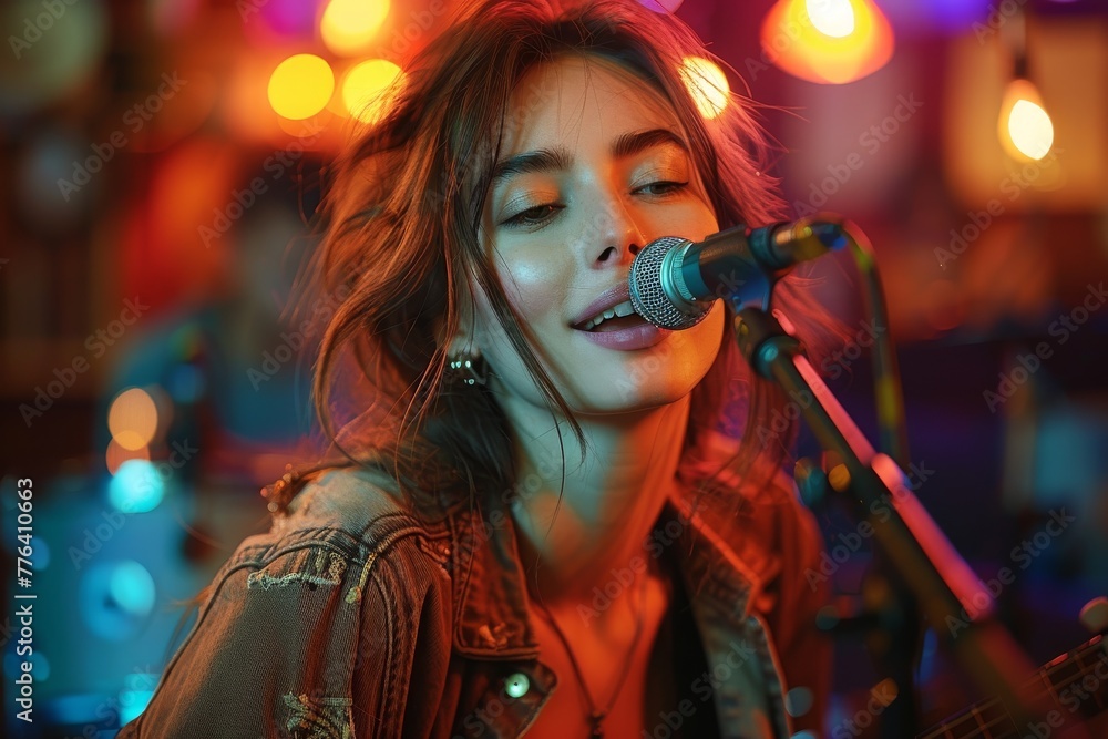 A young female artist performing soulfully into a microphone, with moody stage lighting enhancing the scene A young female artist performing soulfully into a microphone, with moody stage lighting enhancing the scene