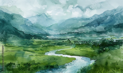 A watercolor painting depicting a lush green valley with a meandering river