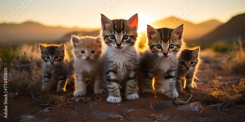 group of four cute maine coon kittens in the desert at sunset © Graphicsstudio 5
