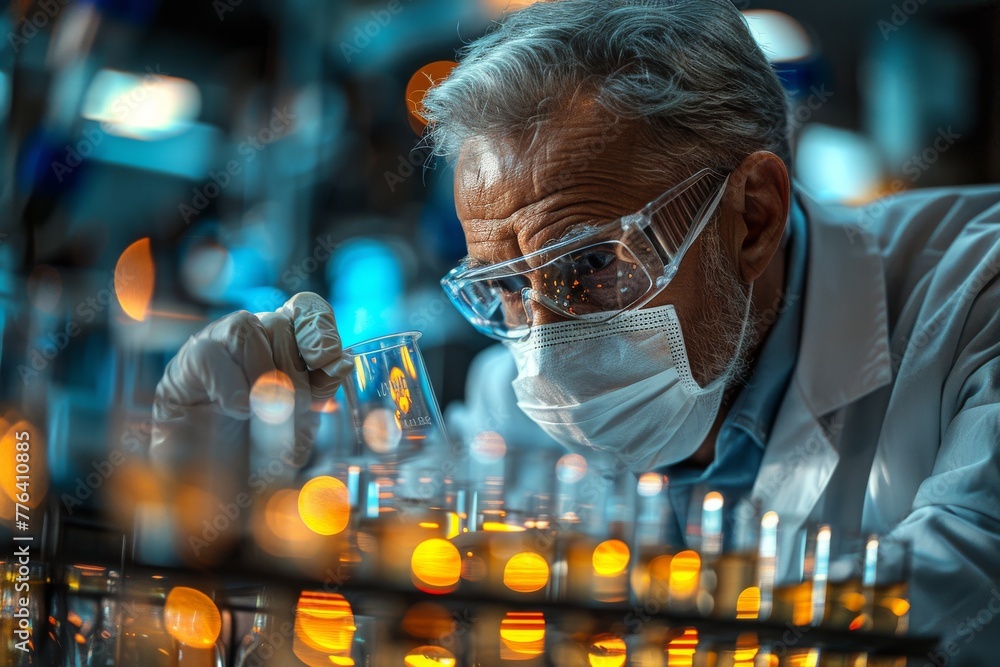 An elderly scientist focused on analyzing a substance in a beaker amidst a backdrop of glowing test tubes and flasks in a dimly lit laboratory An elderly scientist focused on analyzing a substance in a beaker amidst a backdrop of glowing test tubes and flasks in a dimly lit laboratory