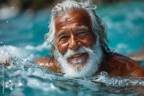 A joyful elderly man with white hair and beard smiling while swimming in the water