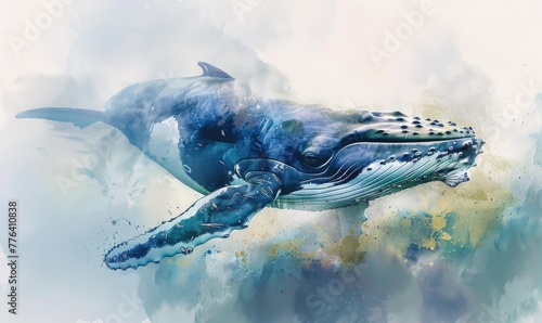 Watercolor illustration of a humpback whale in the ocean