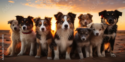 Three dogs in the desert at sunset. Australian Shepherd Scotia Duck Tolling Retriever and Jack Russell Terrier