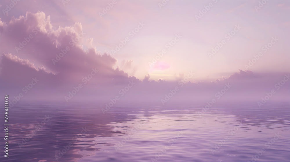 A beautiful, serene ocean scene with a pink and purple sky. The water is calm and the sky is filled with clouds