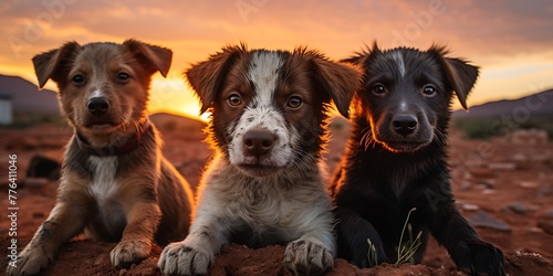 Three dogs in the desert at sunset. Australian Shepherd Scotia Duck Tolling Retriever and Jack Russell Terrier