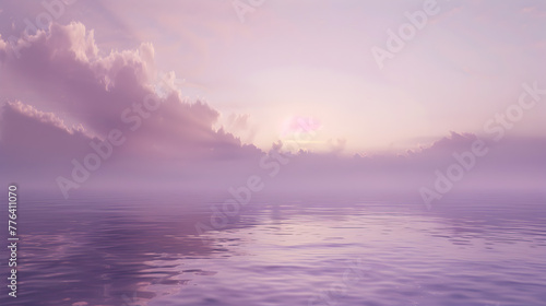 A beautiful, serene ocean scene with a pink and purple sky. The water is calm and the sky is filled with clouds © tracy