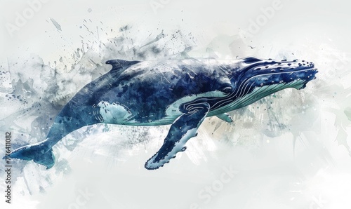 Watercolor illustration of a humpback whale in the ocean © TheoTheWizard