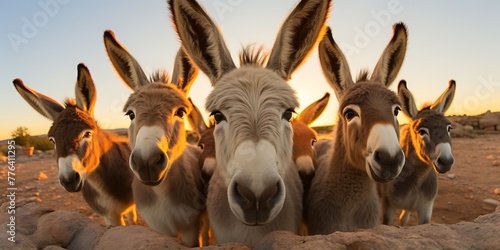 Group of donkeys at sunset