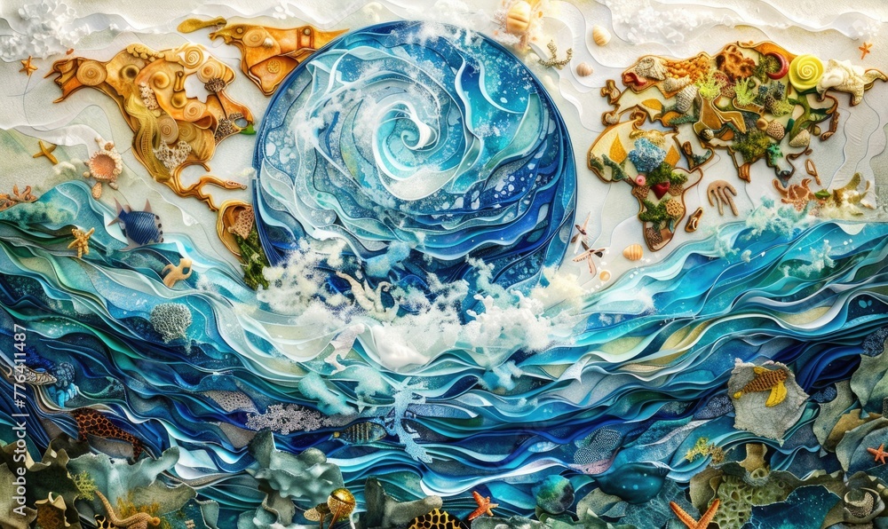 Earth globe in ocean waves, ecology and environment