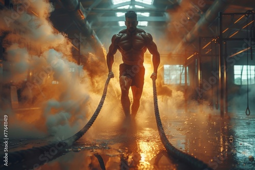 An intense workout scene showing a well-built man exercising with heavy battle ropes in a gritty, atmospheric gym setting