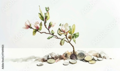 watercolor tree sprout with coins blossoming instead of flowers photo