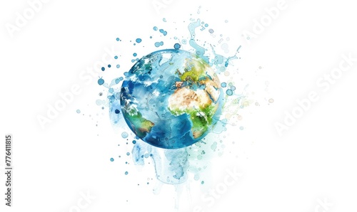 Earth with water droplets on white background