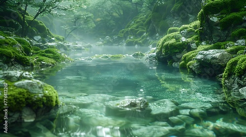 serenity of a reflective pool nestled among moss-covered rocks