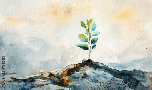 Watercolor illustration of a young tree sprout with bright green leaves