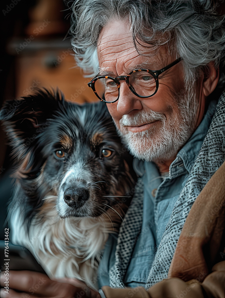 Obraz premium Portrait of senior man with phoned old dog. Call your parents concept.