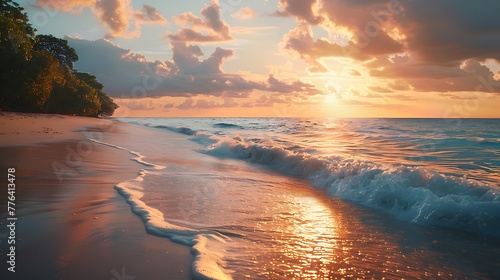 serenity of a secluded beach at sunrise photo