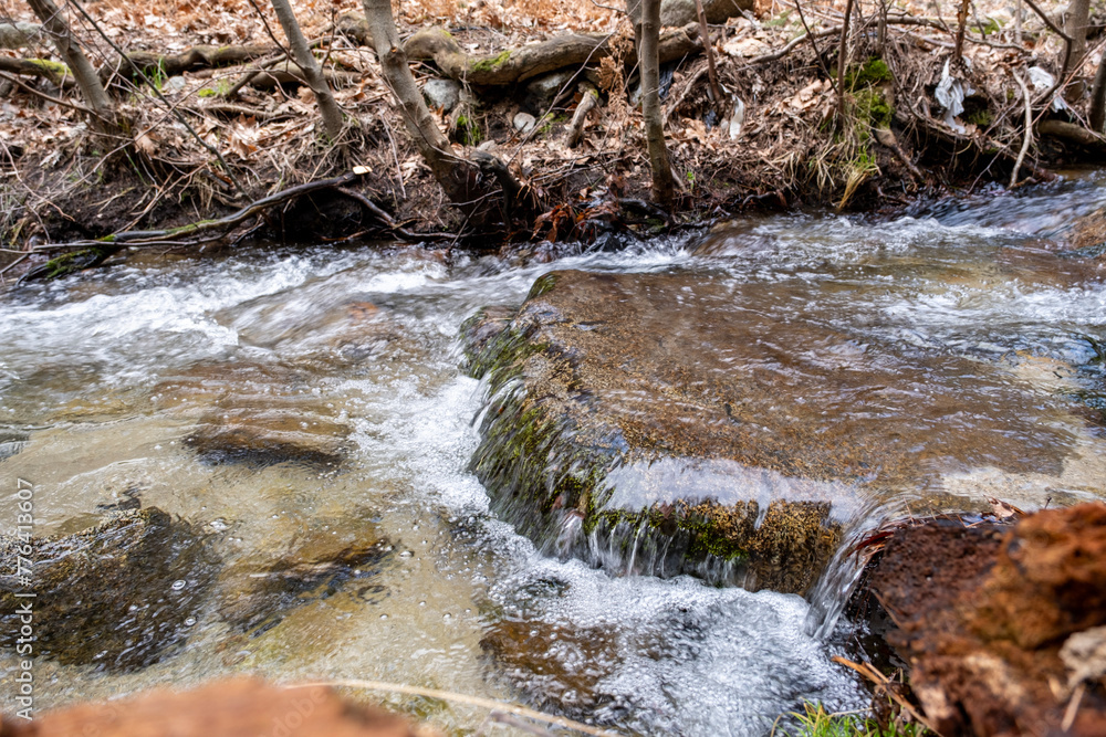 Stream in the forest. Mountain stream in springtime with rocks and water flowing over it. Mossy trees in the forest on the shore of a mountain river Stream in the forest. Mountain stream in springtime with rocks and water flowing over it. Mossy trees in the forest on the shore of a mountain river