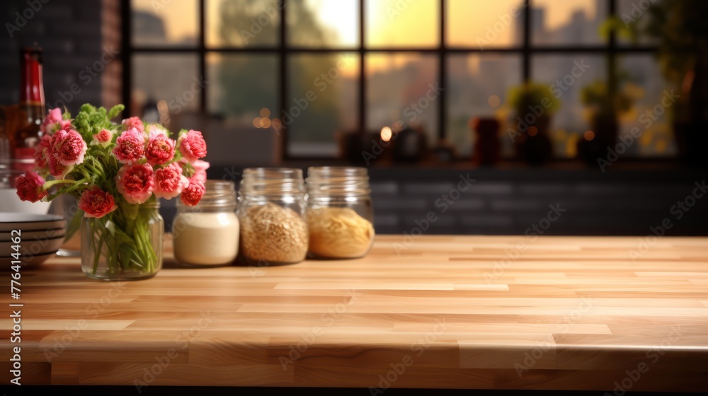 Wooden table on blurred kitchen bench background UHD Wallpaper