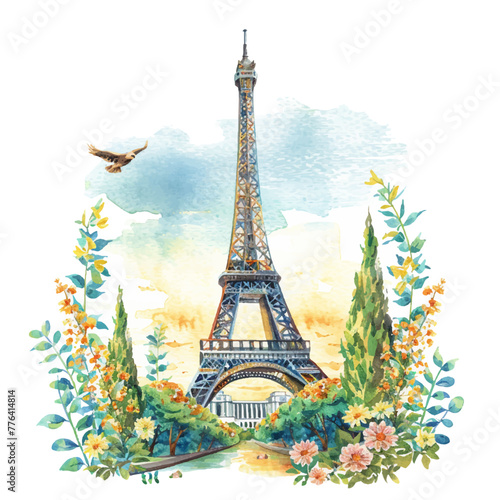 eiffel lanscape vector illustration in watercolor style