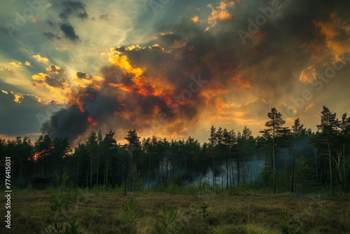 A forest fire is burning in the distance, with smoke © Aliaksandr Siamko