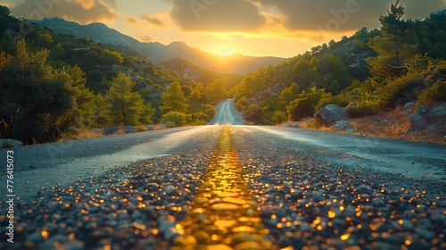 Low level view of empty old paved road in mountain area at sunset #776415073