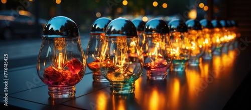 portait Decorative style light bulbs in glass cafe at night photo