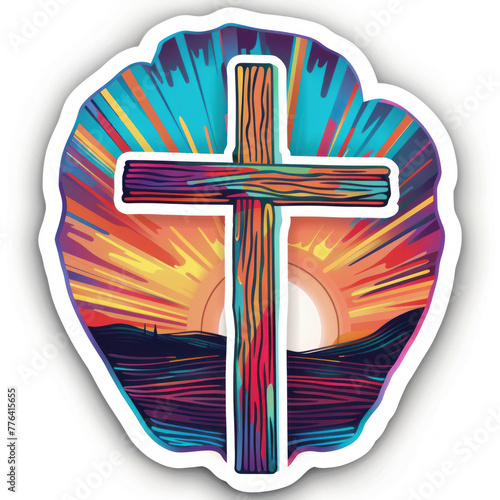 A vibrant sticker depicting a cross with a dynamic, colorful burst in the background, evoking a sense of inspiration.