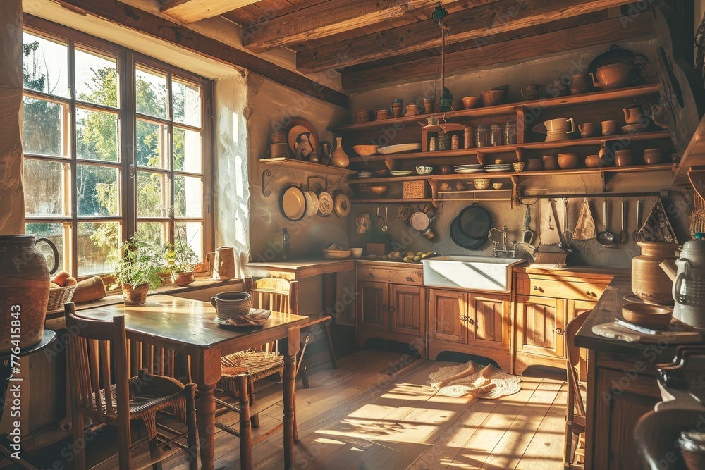 Cozy home kitchen interior with natural wooden ceiling and furniture and pottery kitchenware in sunlight