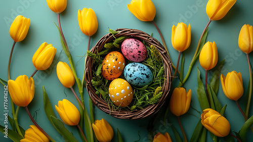 Easter greeting card template, easter background, colorful easter eggs in a nest and tulips, postal card size standart 148:105