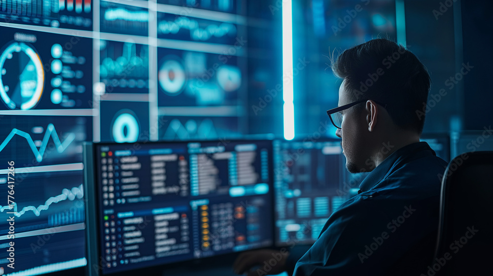 He is wearing glasses and he is focused on the data displayed on the screens He is wearing glasses and he is focused on the data displayed on the screens