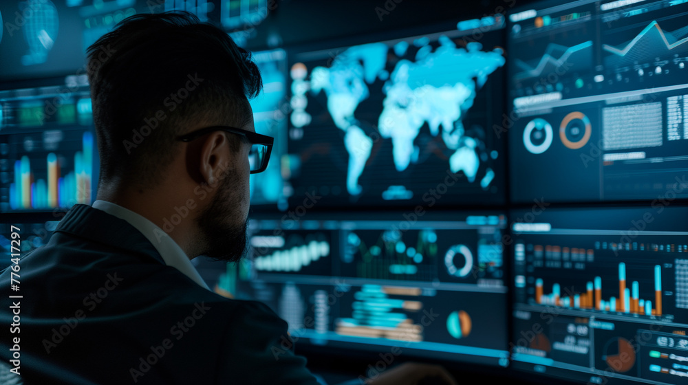 A man in a suit is looking at a computer screen with multiple monitors displayin A man in a suit is looking at a computer screen with multiple monitors displayin