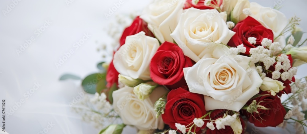 Beautiful roses and delicate baby's breath flowers arranged in a lovely bouquet displayed on a table Beautiful roses and delicate baby's breath flowers arranged in a lovely bouquet displayed on a table