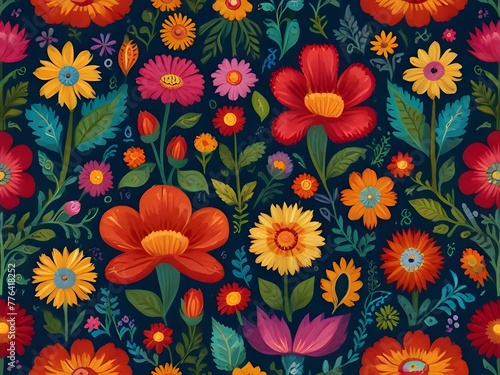 A seamless pattern of hand-painted, folk art flowers in a vibrant, eclectic mix, generative AI