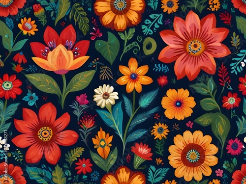 A seamless pattern of hand-painted, folk art flowers in a vibrant, eclectic mix, generative AI